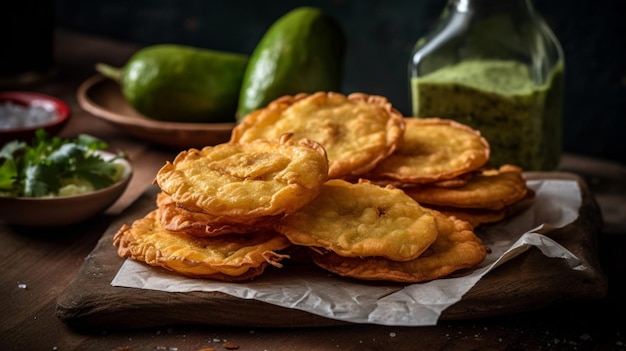 Una pila de chutneys de mango sobre una tabla de madera con aguacate al lado.