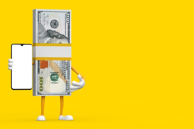 Pila de cien billetes de dólar mascota de carácter de persona y moderno teléfono móvil con pantalla en blanco para su diseño sobre un fondo amarillo. Representación 3D