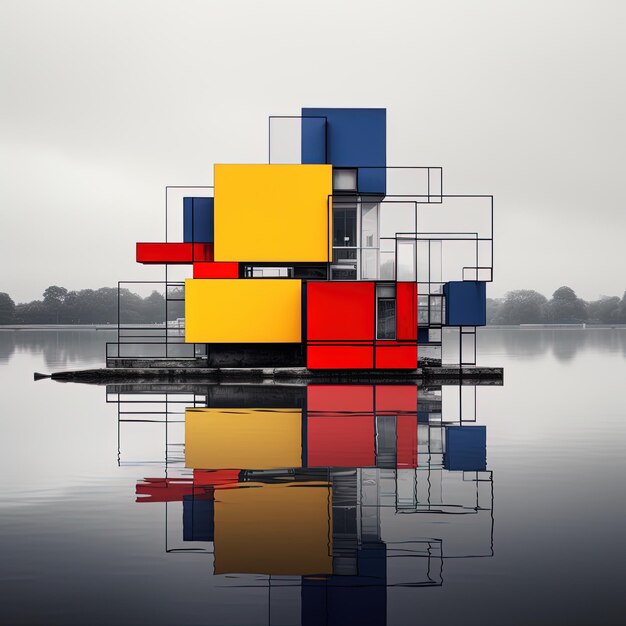 Foto una pila colorida de cajas están flotando en un lago