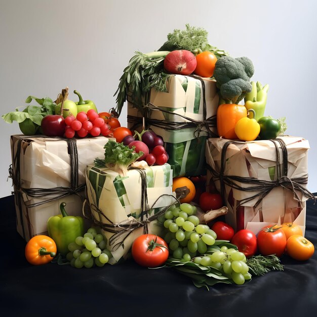 Una pila colorida de regalos envueltos de frutas y verduras.