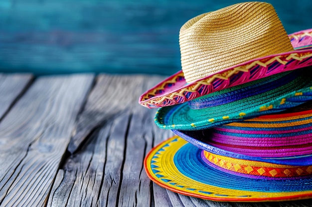 Una pila de coloridos sombreros mexicanos sobre un fondo de madera