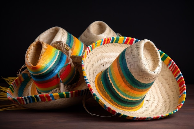 Una pila de coloridos sombreros se sientan en una mesa.