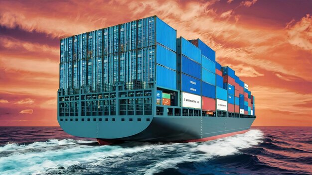 Una pila de contenedores azules para un buque de carga para la importación y exportación 3d
