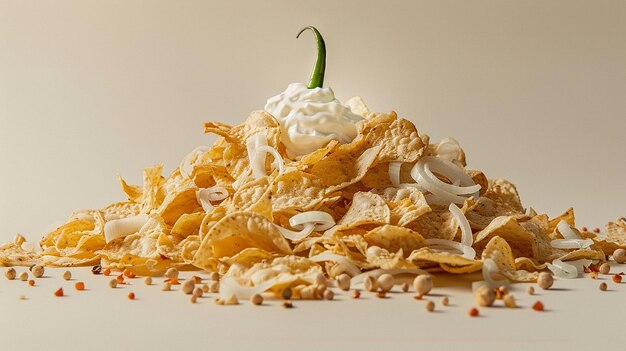 Una pila de crema agria y papas fritas de cebolla con una delgada pimienta verde de chile en el centro mostrada sobre un fondo blanco sólido
