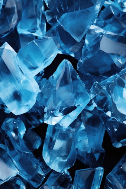 Una pila de cristales azules sobre un fondo negro esta imagen puede usarse para representar la belleza de los cristales el concepto de abundancia o el poder de la naturaleza