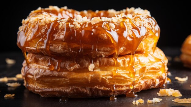 Una pila de croissants y rosquillas híbridas con jarabe de mármol como un cronut sobre un fondo negro