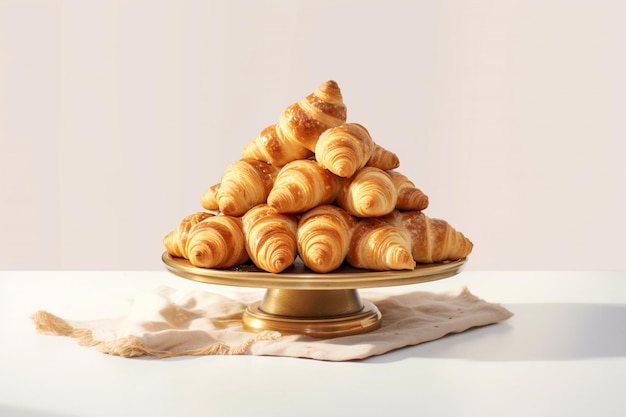 Una pila de croissants en un soporte de pastel de oro