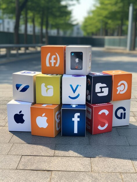Foto una pila de cuadrados coloridos con facebook y facebook en ellos