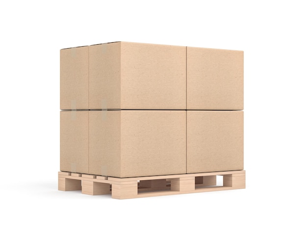 Pila de cuatro maquetas de cajas de cartón en palet euro en representación 3d de sudio blanco