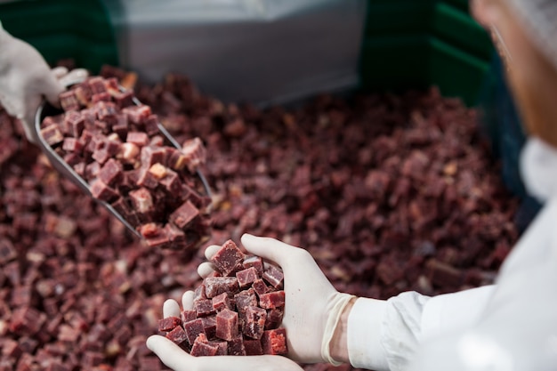 Pila de cubo de carne en la fábrica de carne