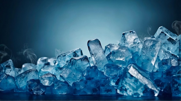 una pila de cubos de hielo con un fondo azul