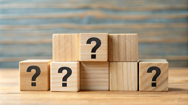 una pila de cubos de madera con signos de interrogación en la parte superior de ellos