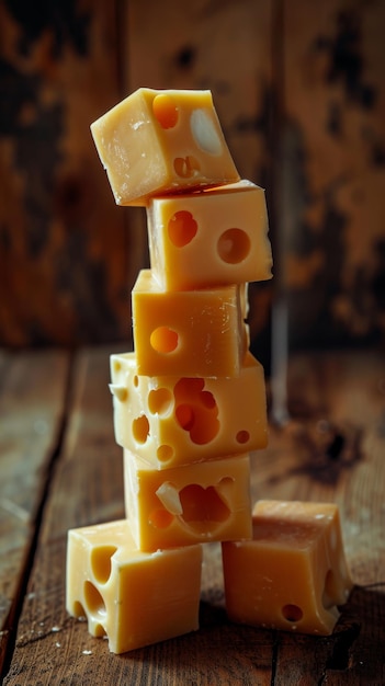 Una pila de cubos de queso suizo en una mesa de madera rústica concepto de comida gourmet