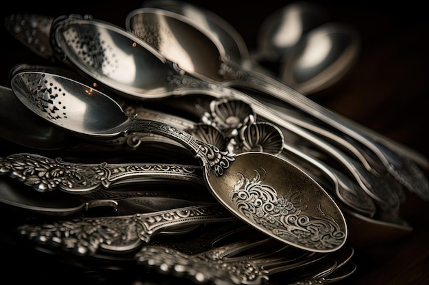 Pila de cucharas de plata antiguas, cada una con un diseño único e intrincado creado con ai generativo