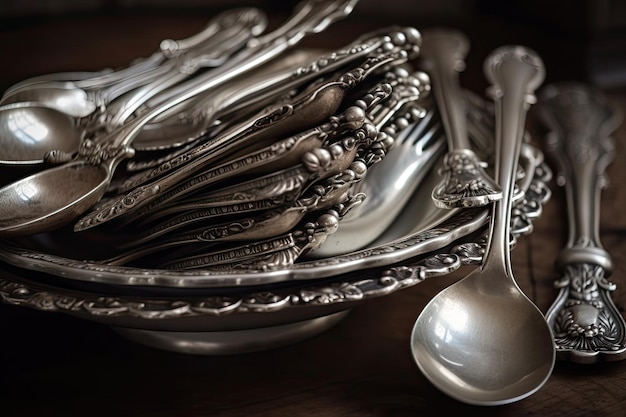 Pila de cucharas de plata antiguas en un plato blanco listo para usar creado con ai generativo