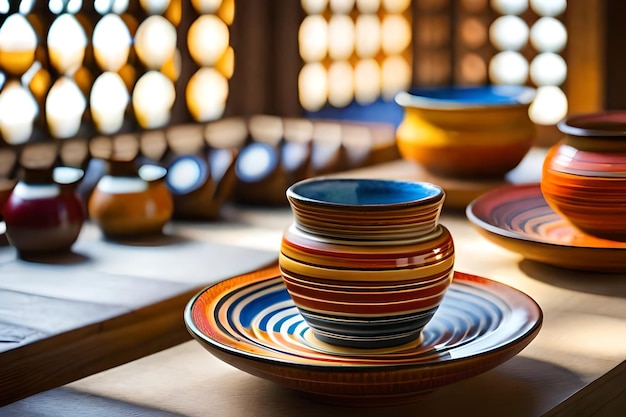 una pila de cuencos de colores están en una mesa con otros cuencos.