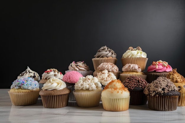 Pila de cupcakes con diferentes sabores y glaseados creados con IA generativa