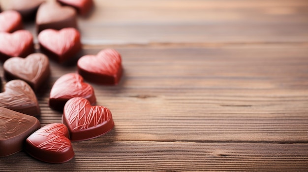 Pila de corações de chocolate em uma mesa de madeira