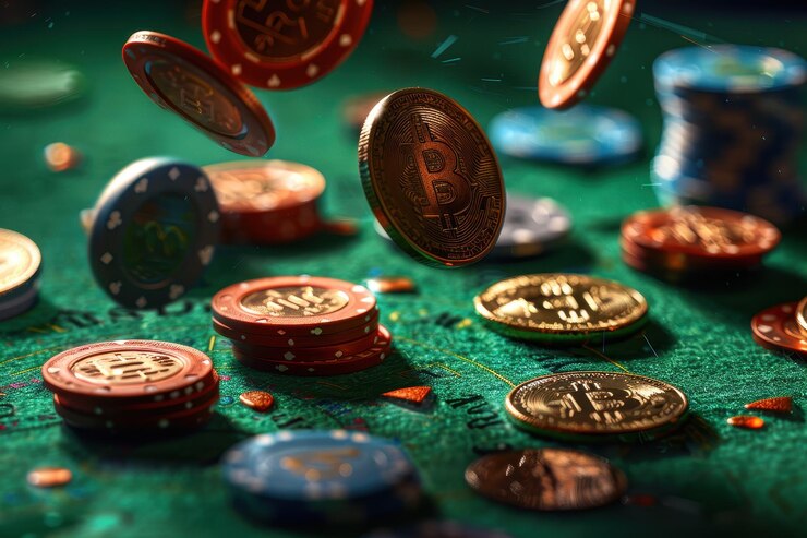 Foto pila de fichas de cassino e dados caindo no fundo de estilo bokeh