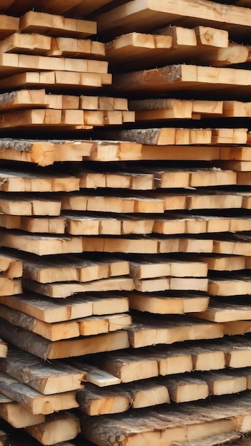 Pila de madeira de abeto e pinheiro em uma pilha de tábuas de madeira em uma fábrica de produção de madeira