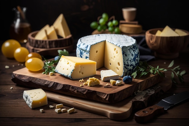 Una pila de delicioso queso amarillo sobre mesa de madera y fondo de madera