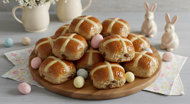 Una pila de deliciosos panes de cruz calientes en una tabla de madera con huevos de Pascua