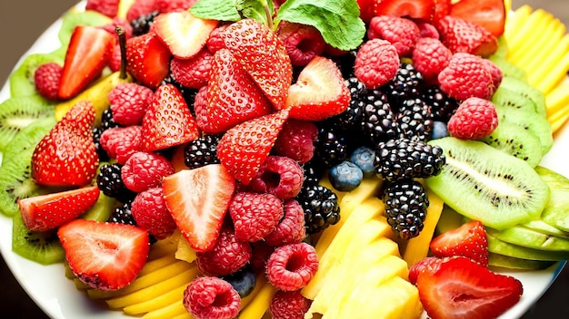 una pila de diferentes frutas, incluidas frambuesas frambuesas y frambuesas