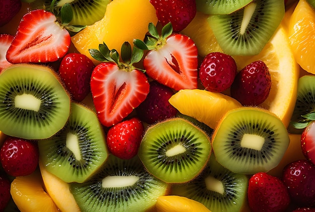 una pila de diferentes frutas, incluidos el kiwi, el kiwi y el kiwi