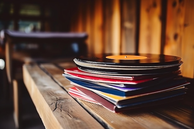 Pila de discos de vinilo sobre mesa de madera rústica