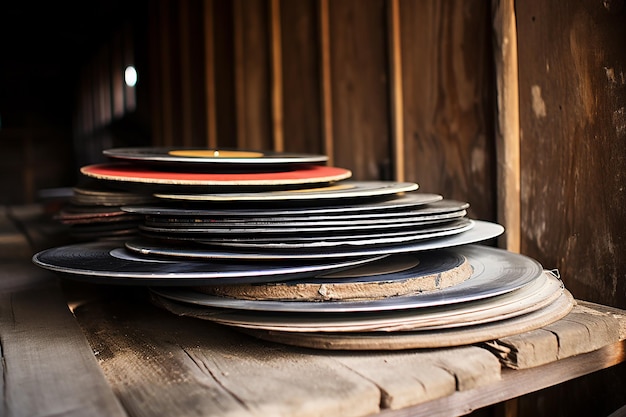 Pila de discos de vinilo sobre mesa de madera rústica