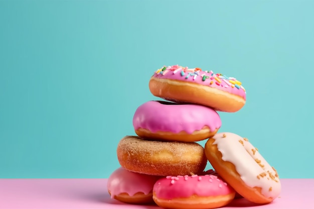 Una pila de donas con glaseado rosa y chispas encima.