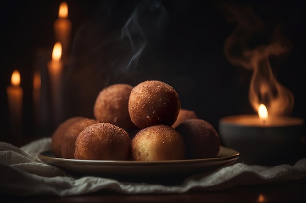 Una pila de donas en un plato con un fuego al fondo