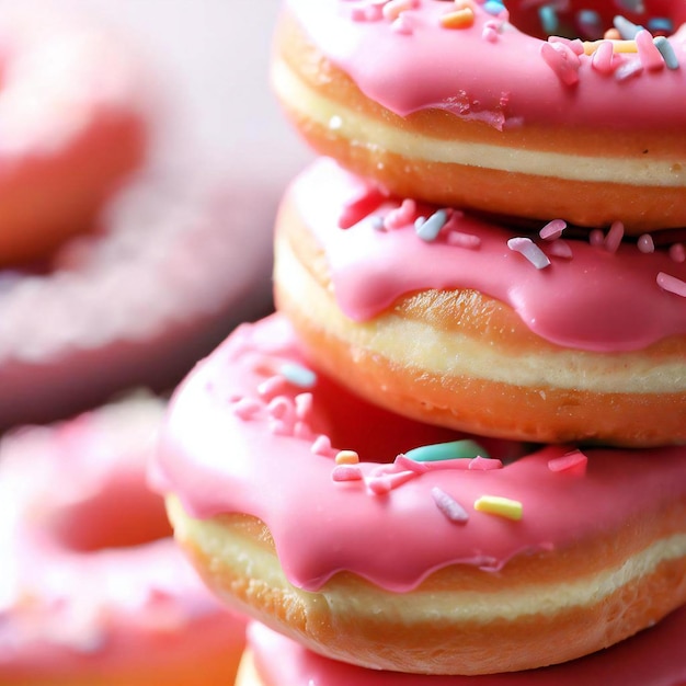 Una pila de donas rosadas con chispitas encima.