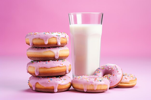 Pila de donuts coloridos decorados y vaso de leche sobre un fondo rosa Ai generativo