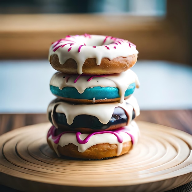 Foto una pila de donuts con glaseado blanco y azul.