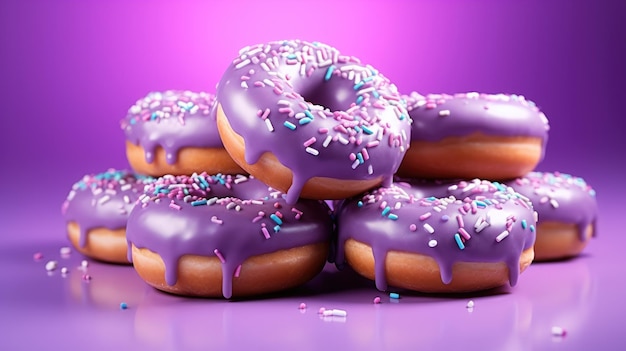 Una pila de donuts morados con glaseado morado y chispitas moradas.