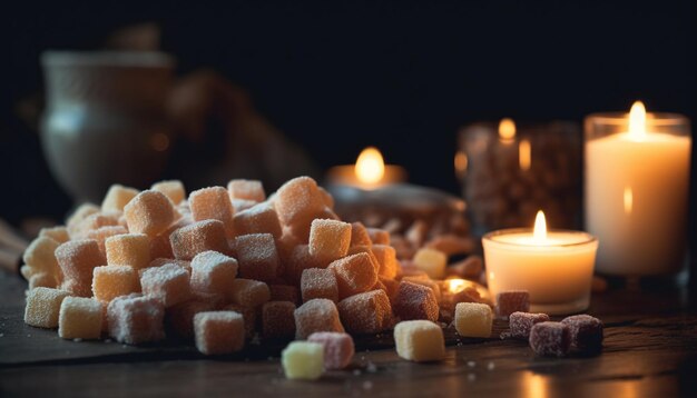 La pila de dulces en la tabla de madera añade elegancia generada por la inteligencia artificial.