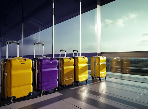 Pila de equipaje de viaje en el edificio de la terminal del aeropuerto y avión de pasajeros que vuela sobre la escena urbana