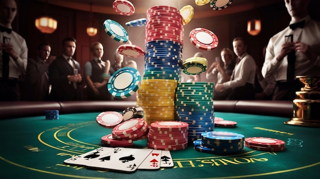 Una pila de fichas de casino frente a la carta de juego de color real en la mesa de póquer