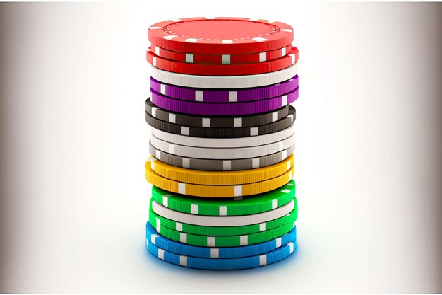 Foto pila de fichas de casino multicolores dispuestas sobre fondo blanco.