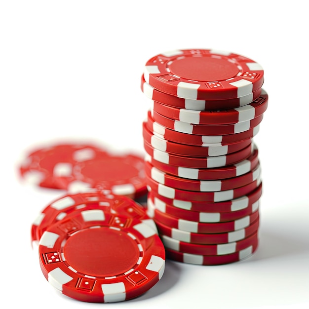Una pila de fichas de casino de póquer rojas aisladas sobre un fondo blanco estilo crudo v 6 ID de trabajo 1a7d3ee5a32940df806b3169bf9d4241