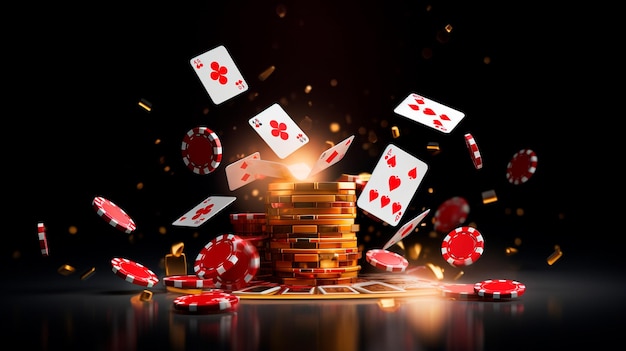 Foto una pila de fichas de casino y tarjetas cayendo del cielo