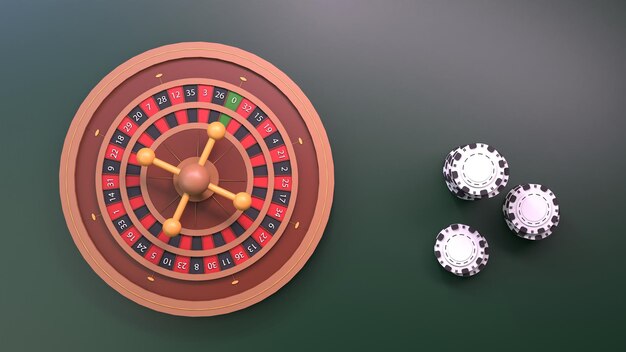 Pila de fichas de póquer y rueda de ruleta Elemento de casino Render en 3D