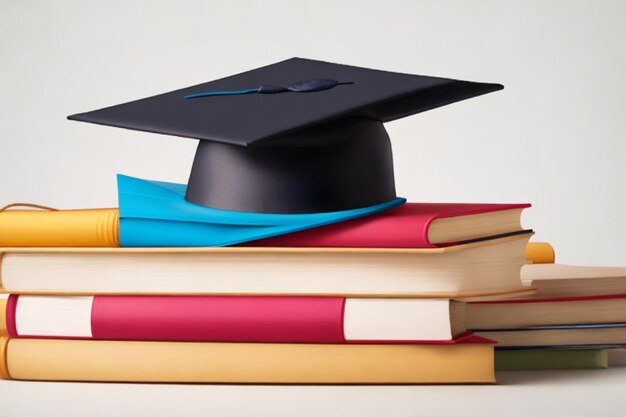 Una pila de fotos de diferentes libros de colores con una tapa de graduación