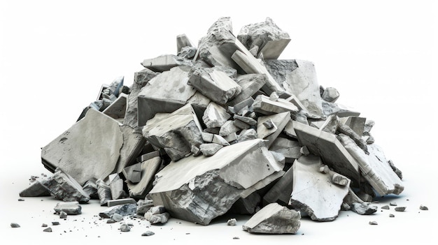 Una pila de fragmentos de hormigón gris de un edificio destruido aislados en blanco