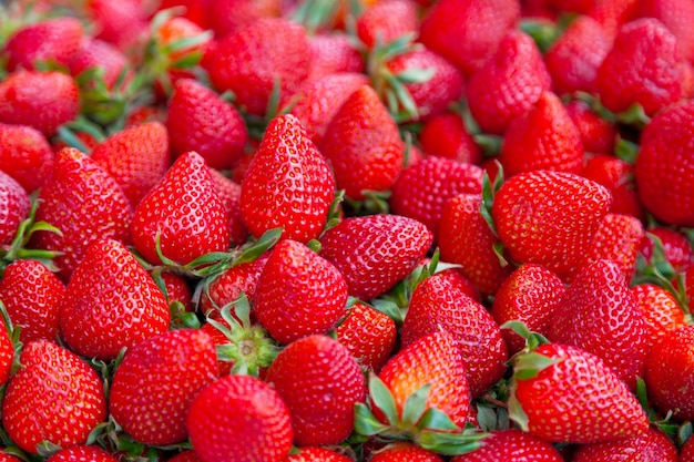 Pila de fresas en un puesto en el mercado