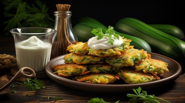 Una pila de fritters de calabacín junto a un cuenco de salsa de yogur