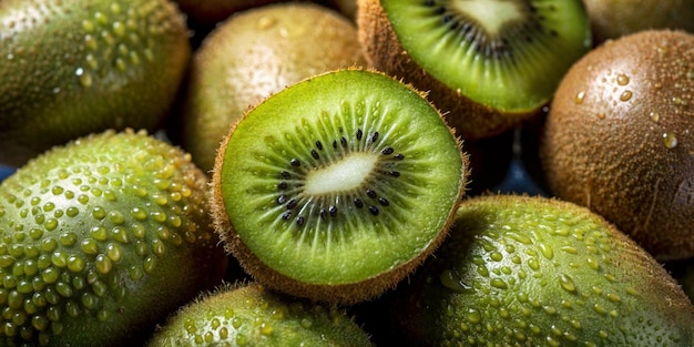 una pila de fruta de kiwi con la palabra kiwi en la parte inferior