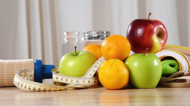 Una pila de frutas con una cinta métrica sobre la mesa.