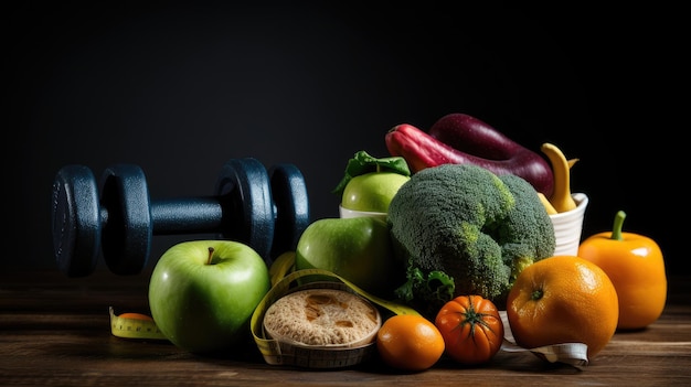 Una pila de frutas y verduras en una mesa